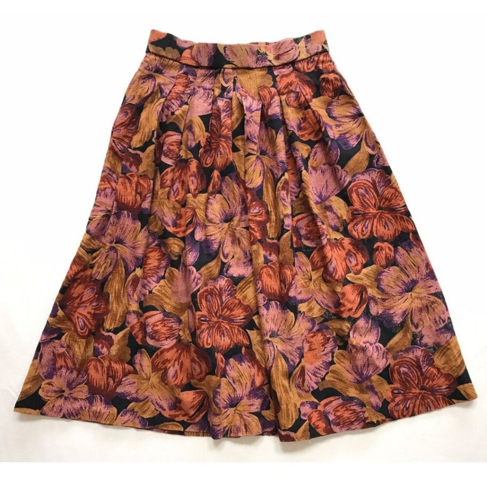 Ladies Vintage 1970s or 80s Floral Linen Skirt Size Small Perfect Autumn Colors